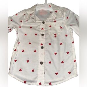 Cat & Jack Button-Up White with Red Hearts Shirt Top Cuffs